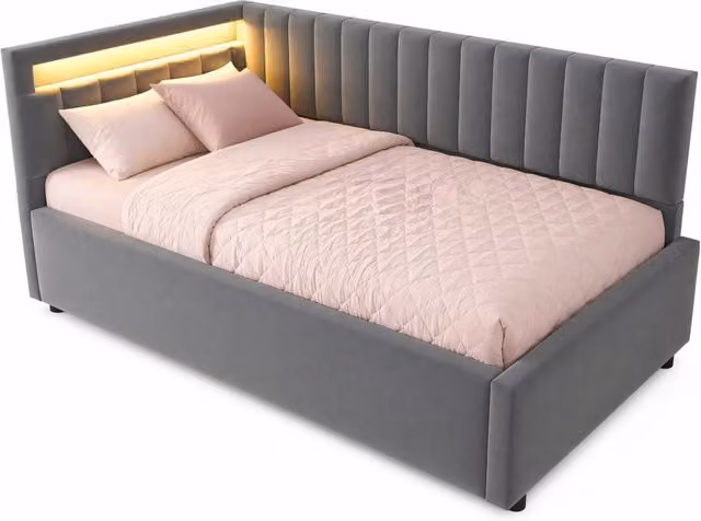 Letto singolo imbottito 90x200 cm con contenitore idraulico e LED in velluto grigio