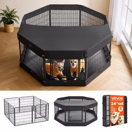 VEVOR Box per Cani in Metallo Nero con 8 Pannelli, Copertura e Base Imbottita, Gabbia Pieghevole per Interni con Porta per Cuccioli e Animali di Piccola Taglia