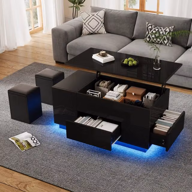 Tavolino basso alzabile con LED; 2 cassetti; vani nascosti e 2 sgabelli; nero; 100 × 50 × 45 cm