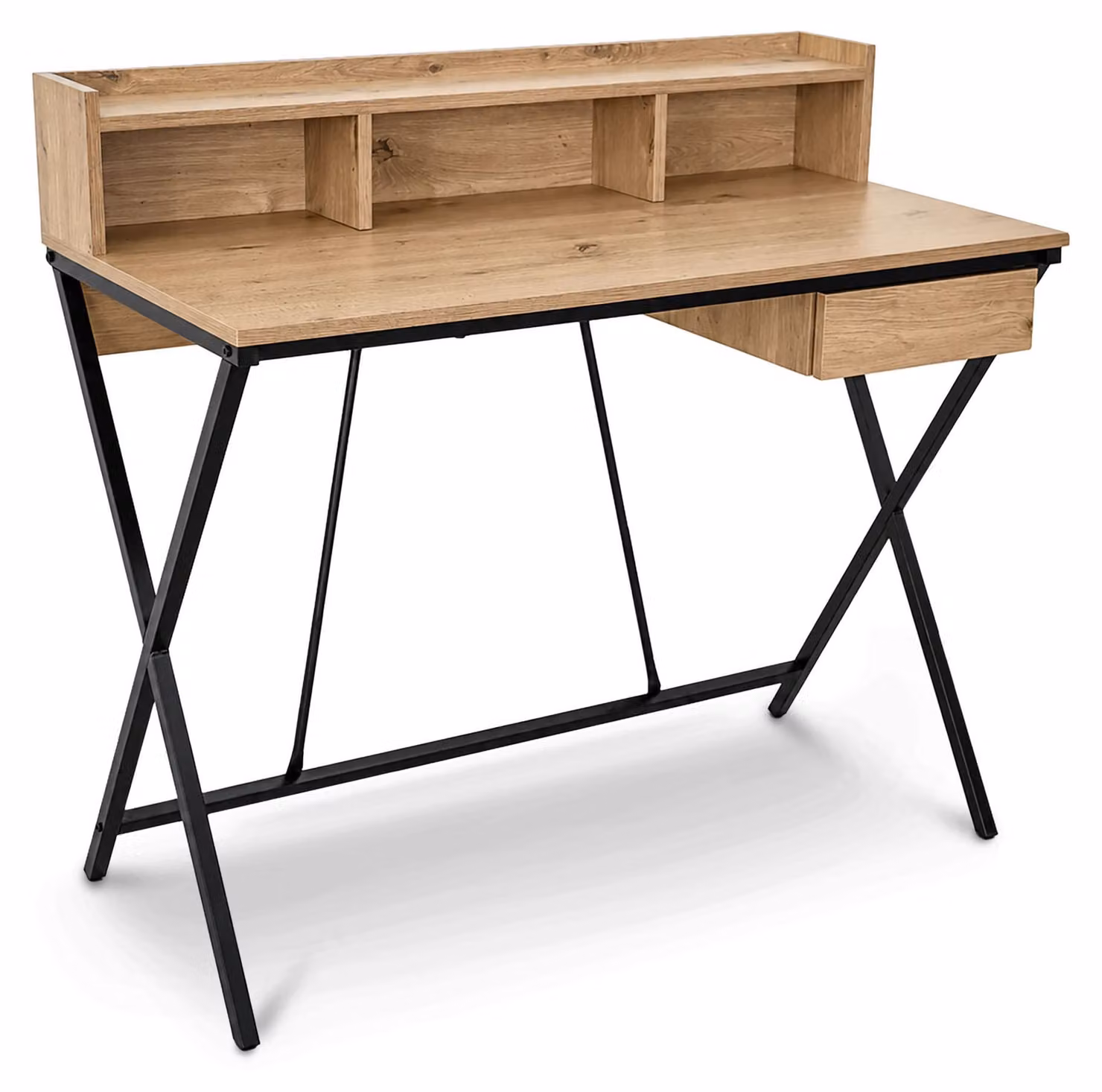 Scrivania PC industriale Rovere Artisan FLEXO 100 cm 1 cassetto 1 ripiano gambe nere