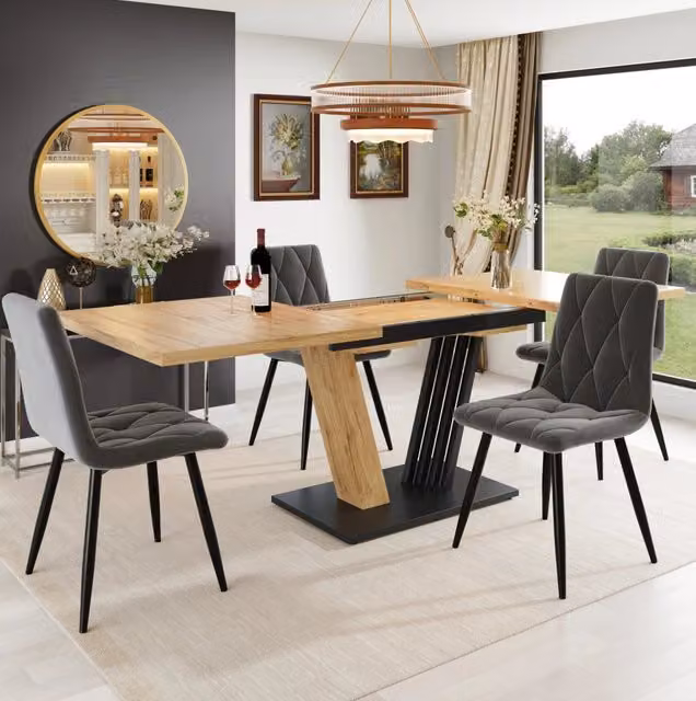 Tavolo da pranzo allungabile ULEVR 120/160x80x76 cm in MDF e metallo, effetto legno, piedi regolabili