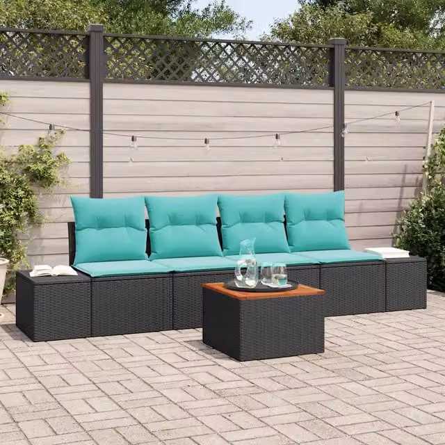 Set Divano da Giardino 5 pz Nero e Turchese polyrattan 3356562