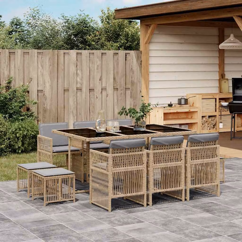 Set Pranzo da Giardino vidaXL 11 pz in Polyrattan con Cuscini Beige e Piano in Vetro – 1