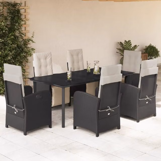 Set da pranzo da giardino vidaXL in polyrattan nero con cuscini e tavolo in vetro per esterno