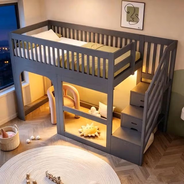 Letto a soppalco per bambini ¨C Minimal ¨C Grigio, 90x200 cm, con LED, rete a doghe, scala, vano contenitore