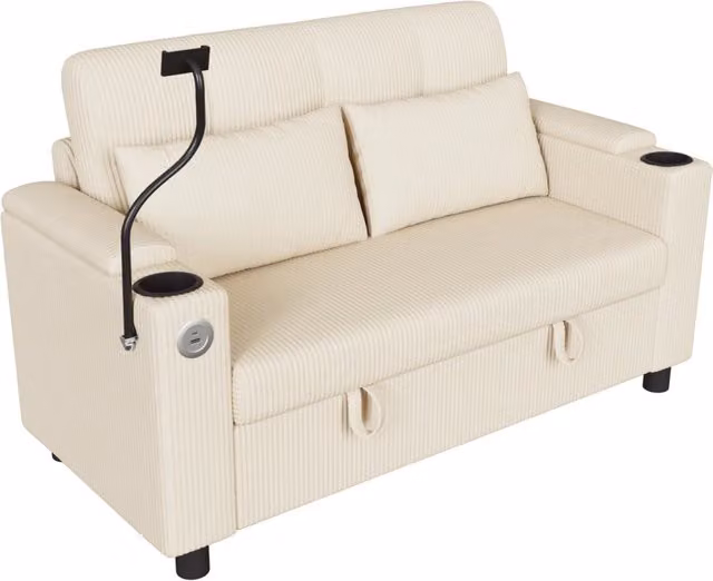 Divano 2 posti moderno beige in velluto a coste con contenitore nascosto e porta USB/Type-C