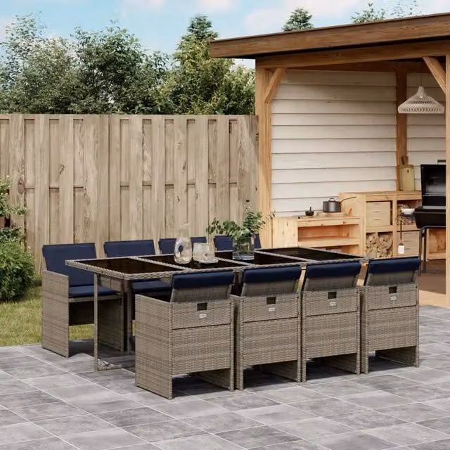 Set da pranzo da giardino vidaXL in polyrattan grigio con cuscini blu e tavolo rettangolare in vetro – 1