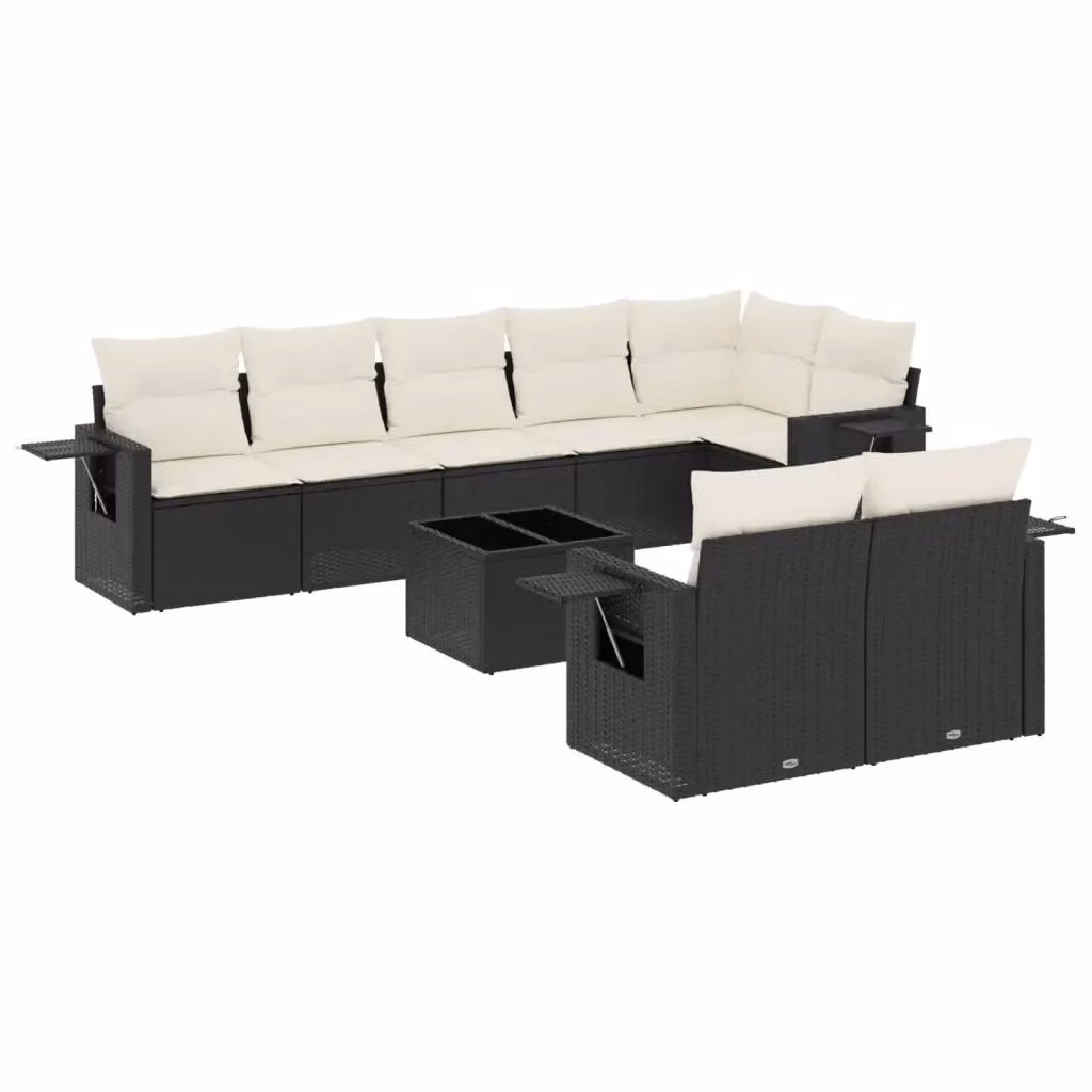 vidaXL Set Divani da Giardino 9 pz in Polyrattan Nero con Cuscini e Tavolino da Esterno – 2
