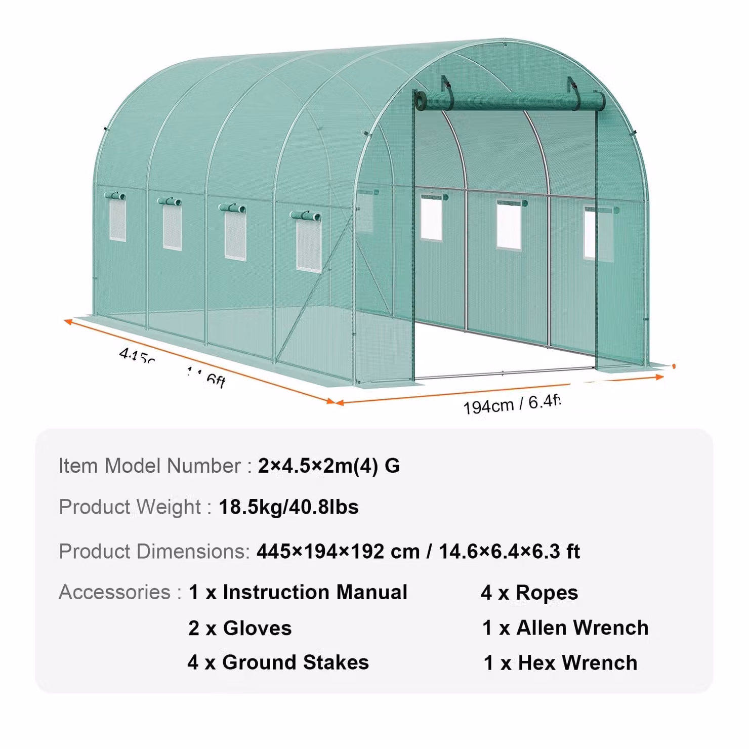 Serra a tunnel, design accessibile, copertura in polietilene impermeabile, dimensioni 4,5 x 2,1 x 2,1 metri, colore verde
