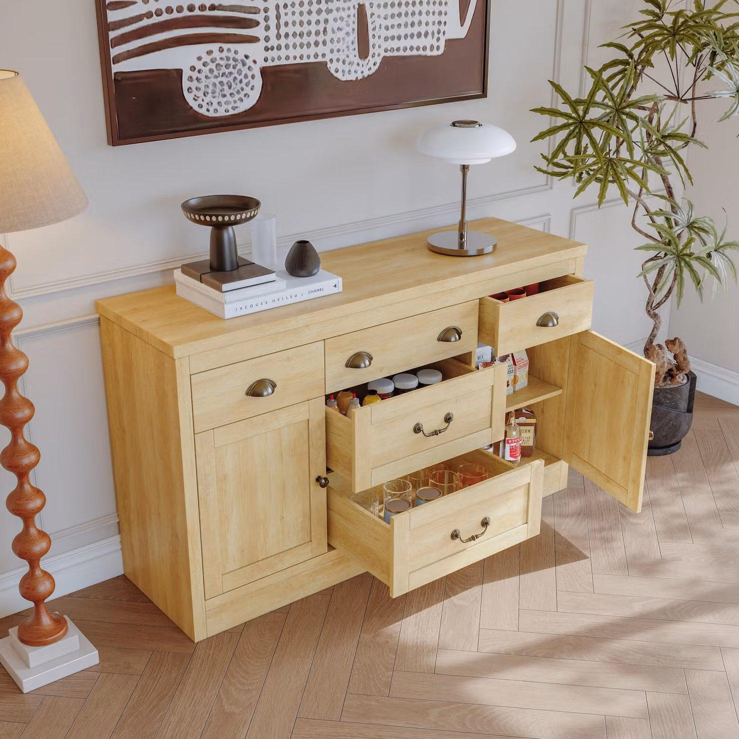 Credenza vintage ProximaX in stile rustico con 5 cassetti e 2 ante per un ampio spazio di archiviazione in cucina o in sala da pranzo, effetto legno massello naturale