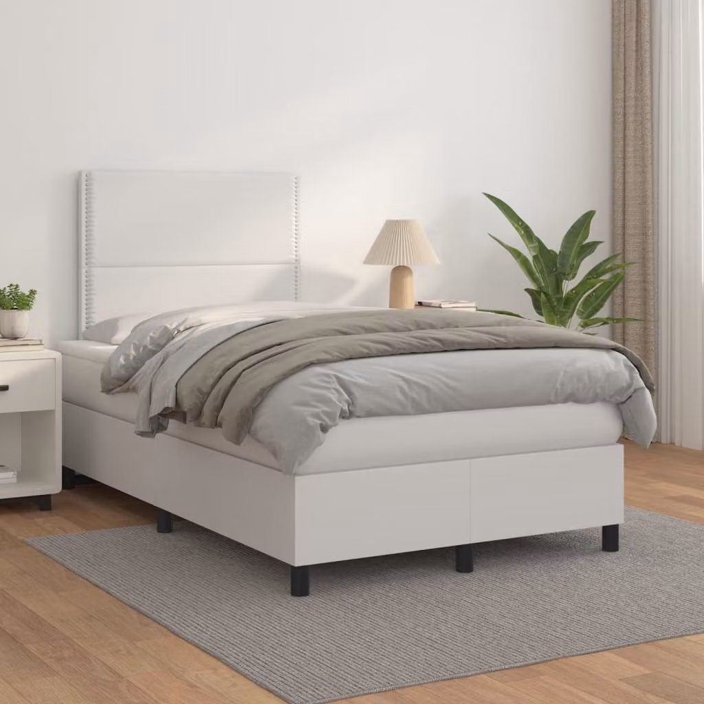 vidaXL Letto con Giroletto a Molle e Materasso Ibrido in Similpelle Bianco L/P/H: 200 x 120 x 128 cm