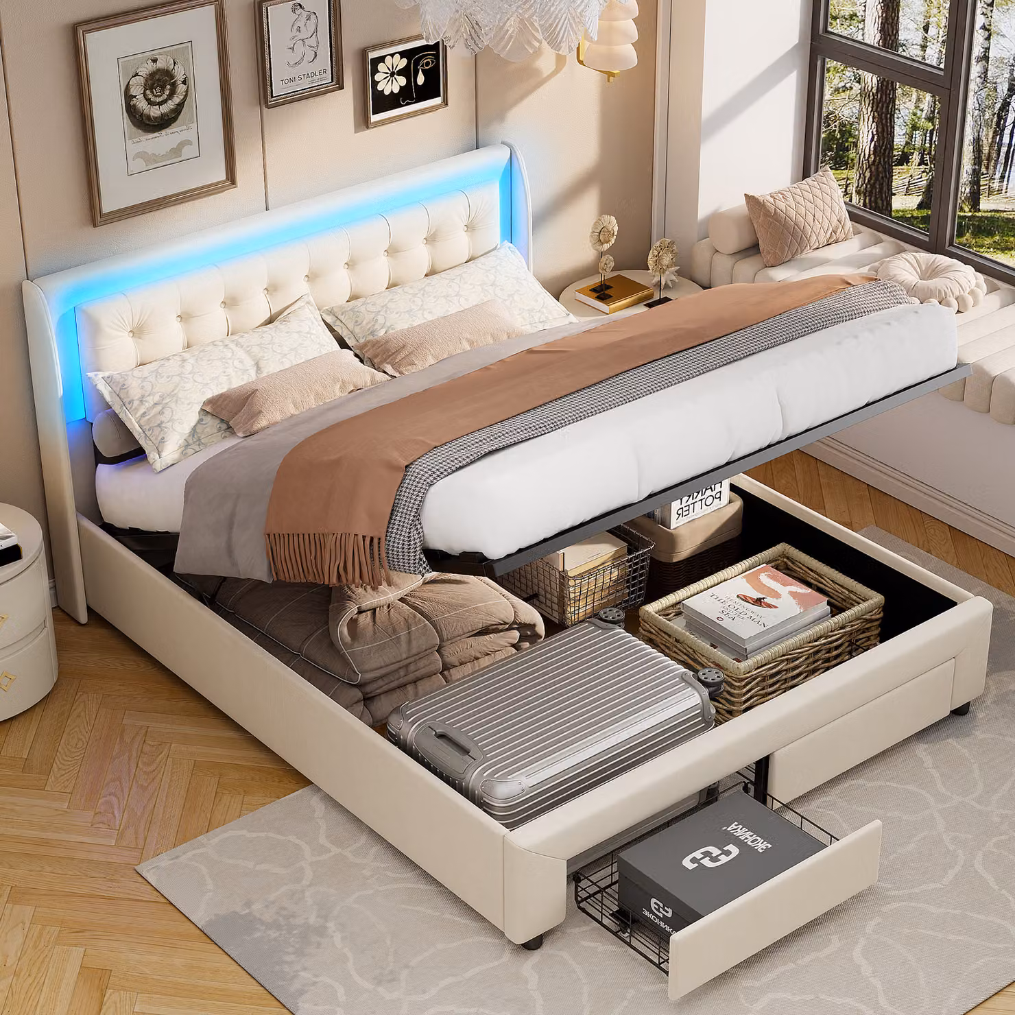 Letto per adulti con rete a doghe 180 x 200 cm, con illuminazione a LED e contenitore, con testata in velluto, beige
