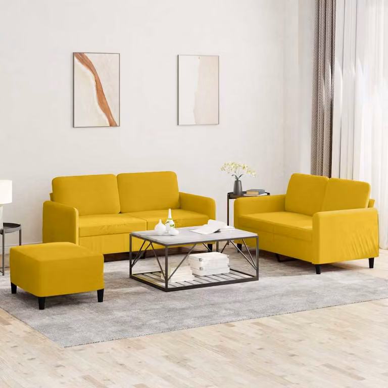 Set di divani 3 pezzi vidaXL in velluto giallo con cuscini per soggiorno in stile moderno