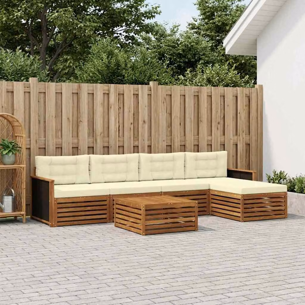Set di divani da esterno vidaXL a forma di L composto da 6 pezzi con tavolino e pouf, struttura in legno di acacia e cuscini beige e bianchi in poliestere resistente ai raggi UV