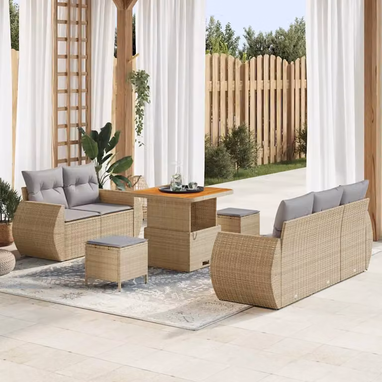 Set Divano da Giardino vidaXL 8 Pezzi con Tavolino e Pouf, Colore Beige e Grigio, Design Moderno in Polyrattan con Cuscini Inclusi