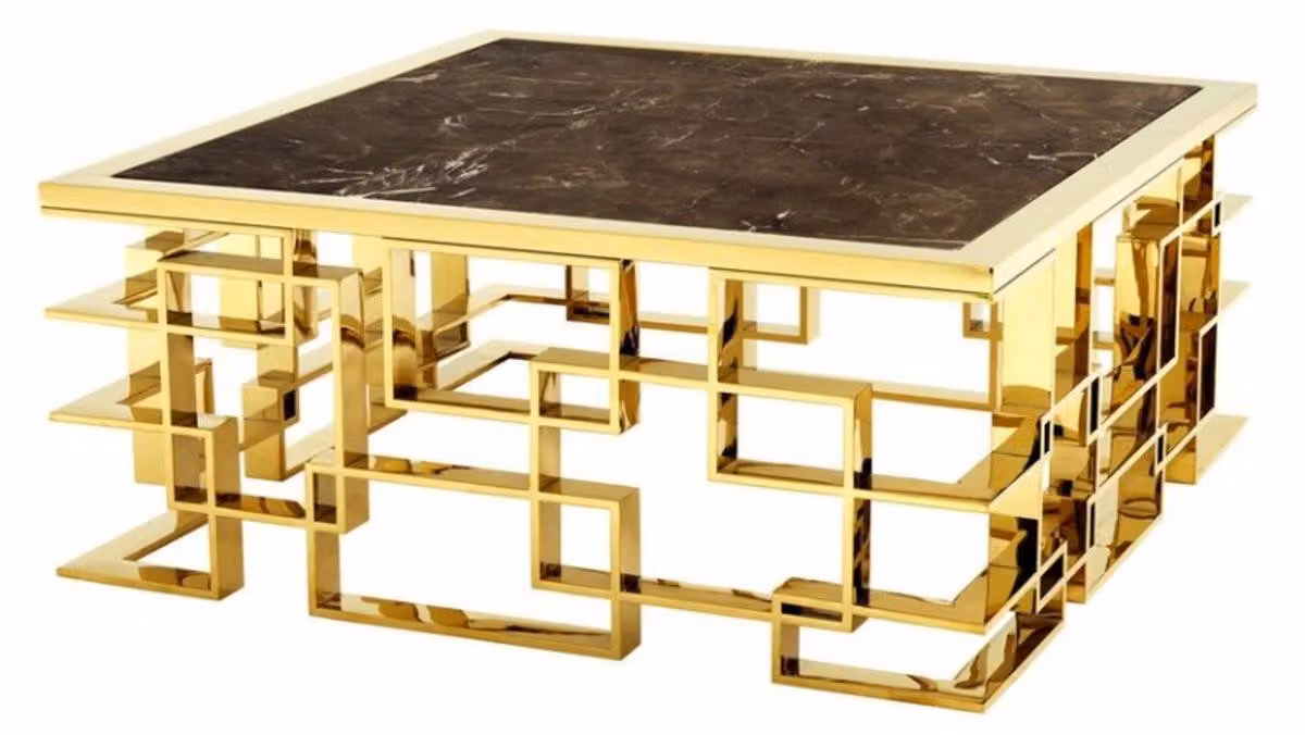 Tavolino da caffè in stile Art Déco, marca Casa Padrino, lussuoso, con struttura in acciaio inossidabile e finitura dorata, dotato di piano in marmo. Dimensioni: 100 x 100 x 45 cm (altezza)