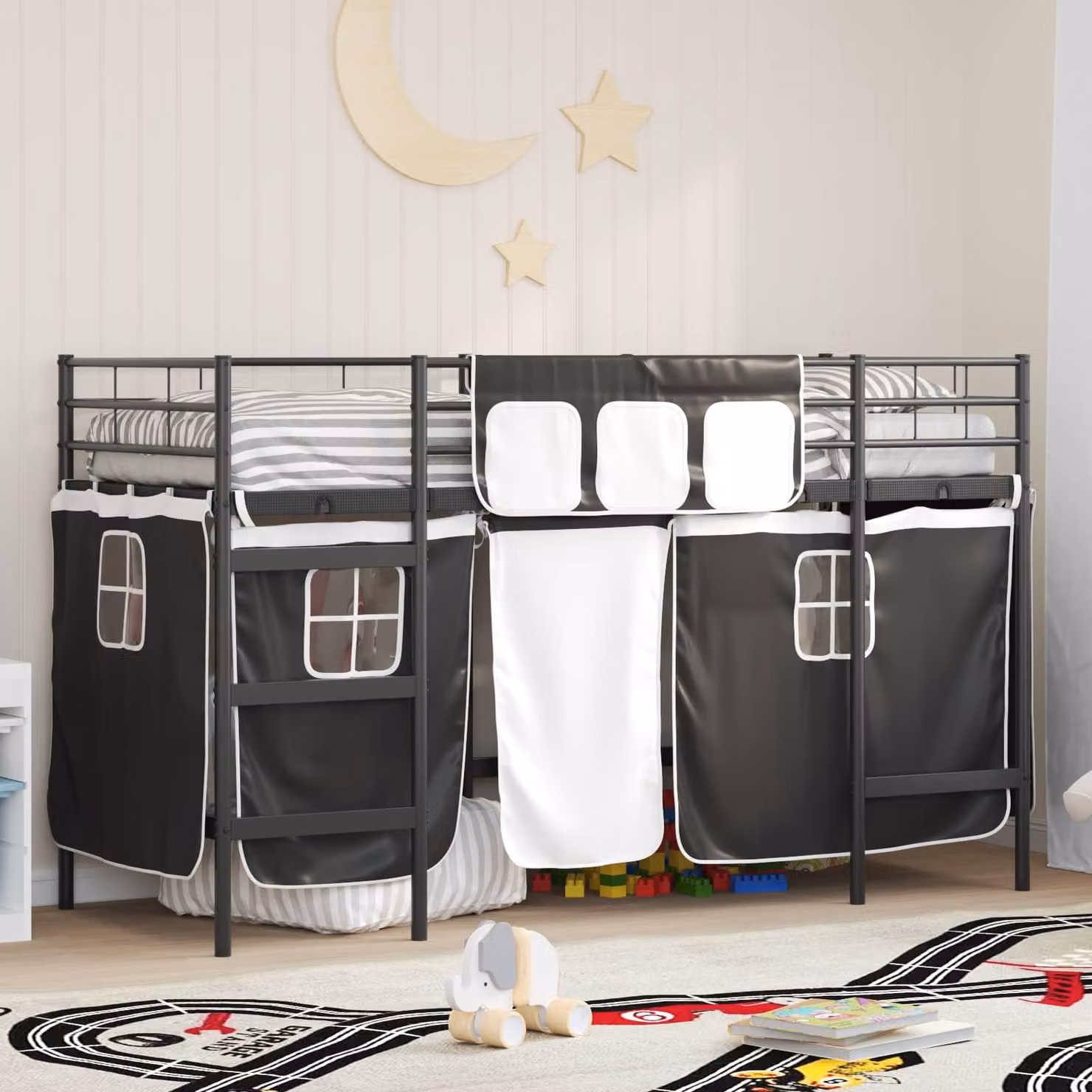 Letto a castello esclusivo per bambini, con tende unisce nero, dimensioni 75 x 190 cm