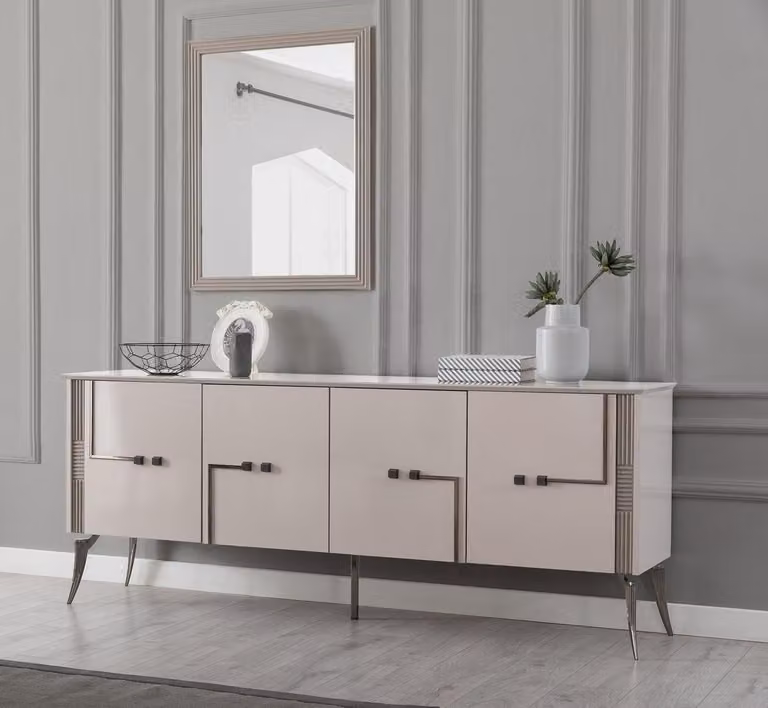 Moderner Esszimmer Set Designer Sideboard 4-türig Luxus Spiegel 2tlg