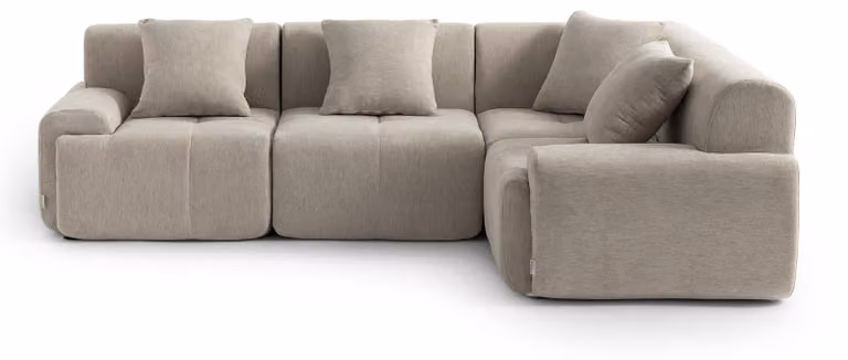 DIVANO ANGOLARE MODULARE MILYSOFA SOFAMOUS, 4 posti, con chaise longue, rivestito in tessuto di ciniglia color sabbia