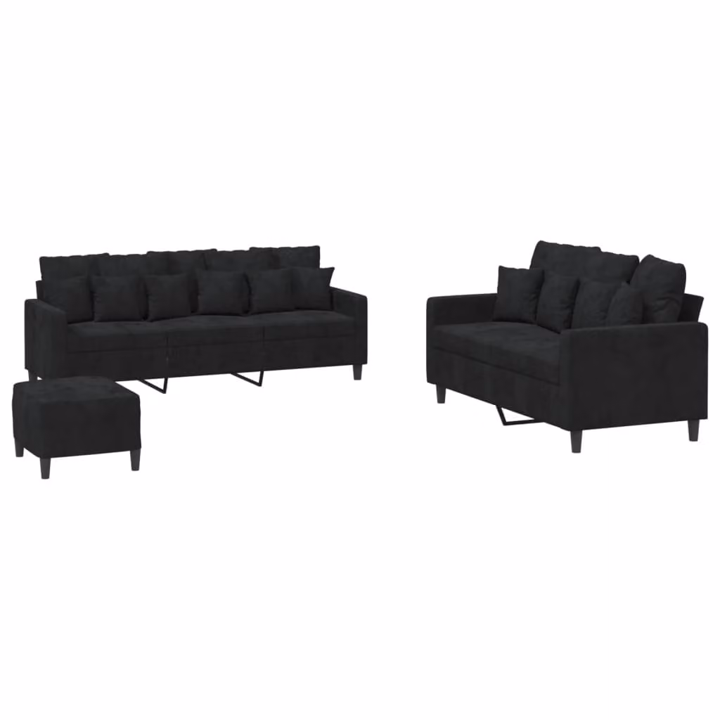 Set di Divani 3 pz con Cuscini Nero in Velluto