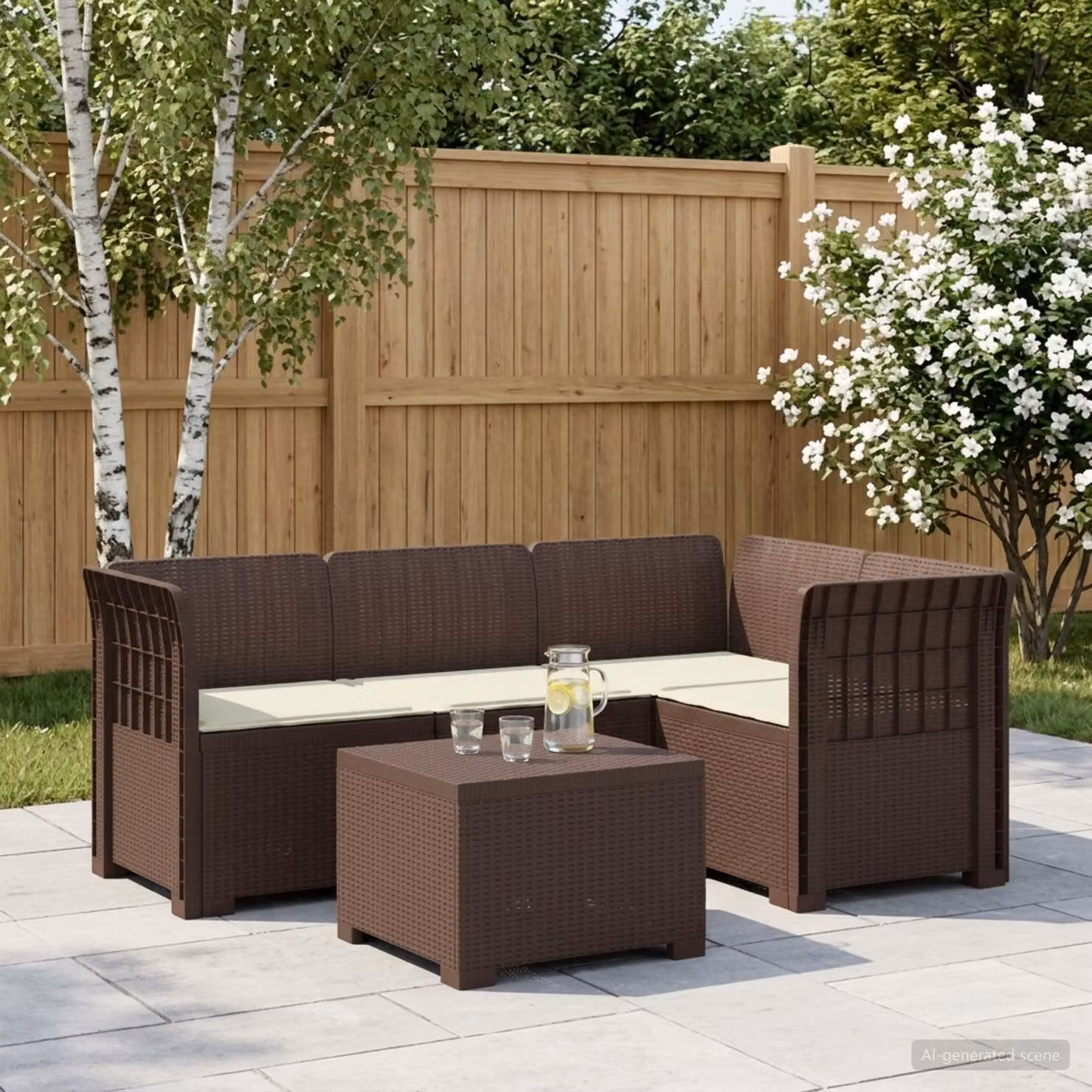 Set da giardino vidaXL moderno a forma di L con divano da esterno, elemento angolare, tavolino da caffè e cuscini in polyrattan, colori marrone e beige