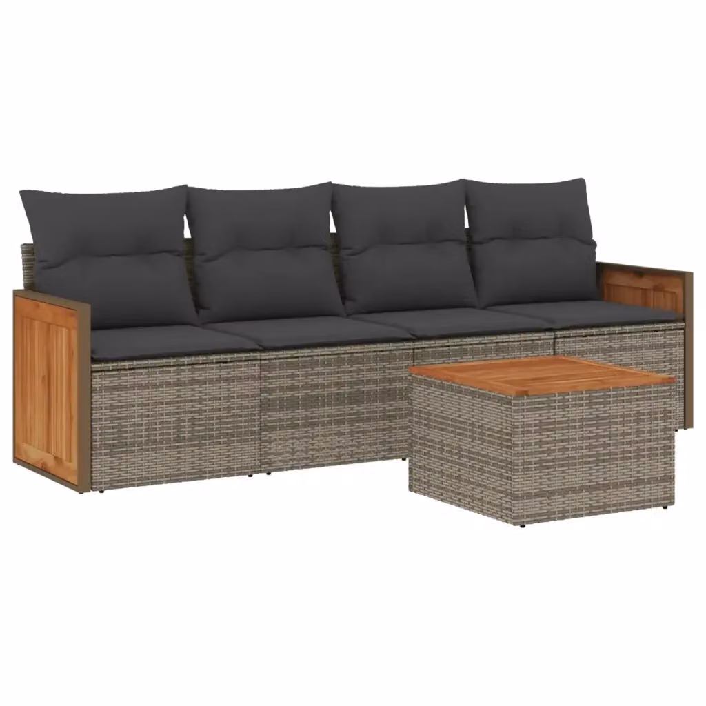 vidaXL Set Divano da Giardino 5 pz in Polyrattan Grigio con Cuscini e Tavolino – 2