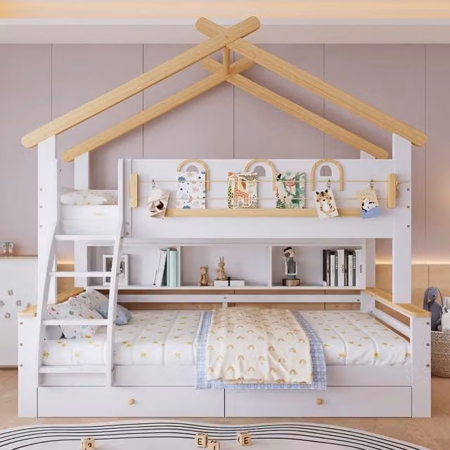 Letto a castello per bambini ¨C Minimal ¨C legno pino MDF bianco naturale con 2 cassetti 90x200cm e 120x200cm