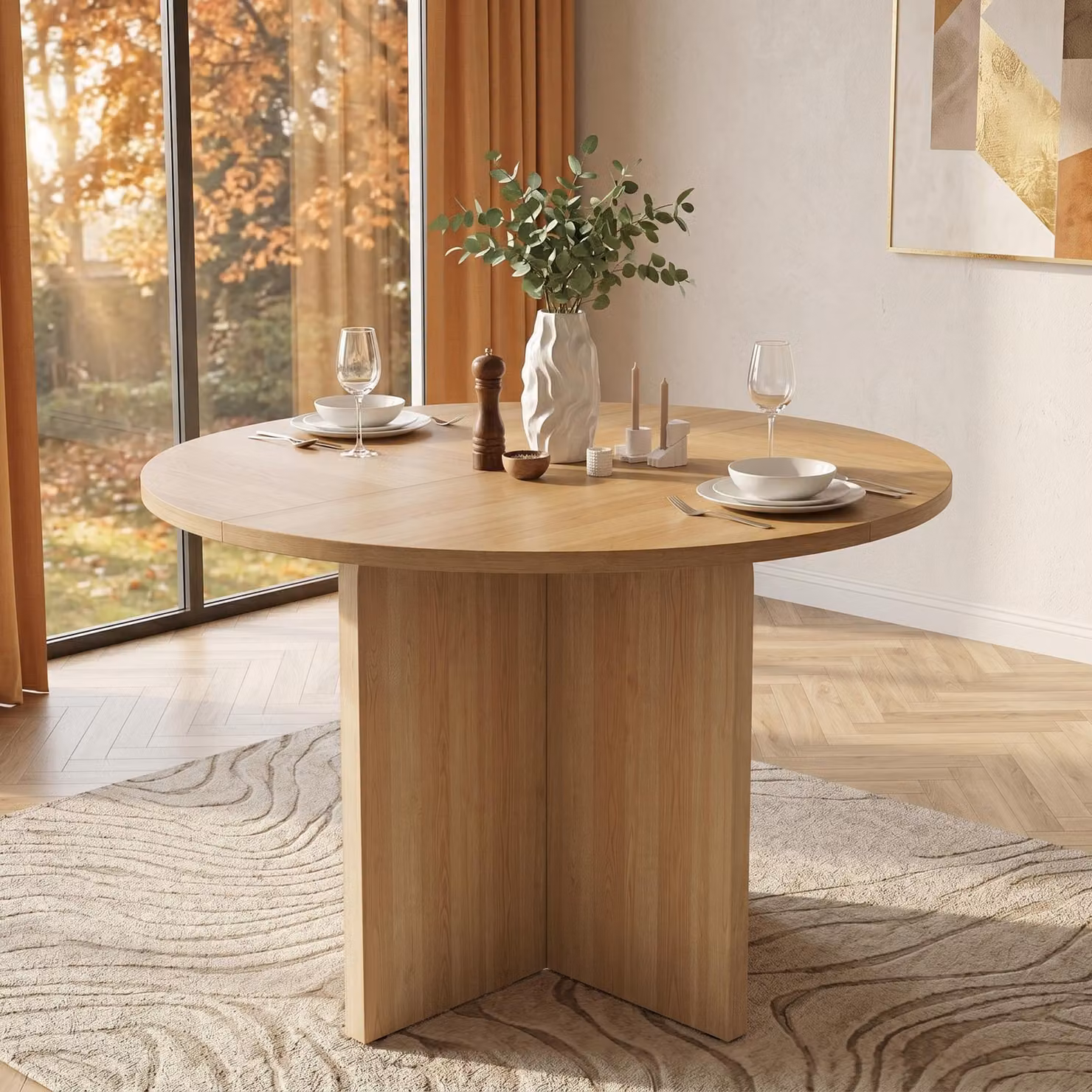 Tavolo rotondo Flieks con piedini regolabili, adatto per 4-6 persone, tavolo da pranzo 120x120x75 cm, tavolo da cucina, finitura noce
