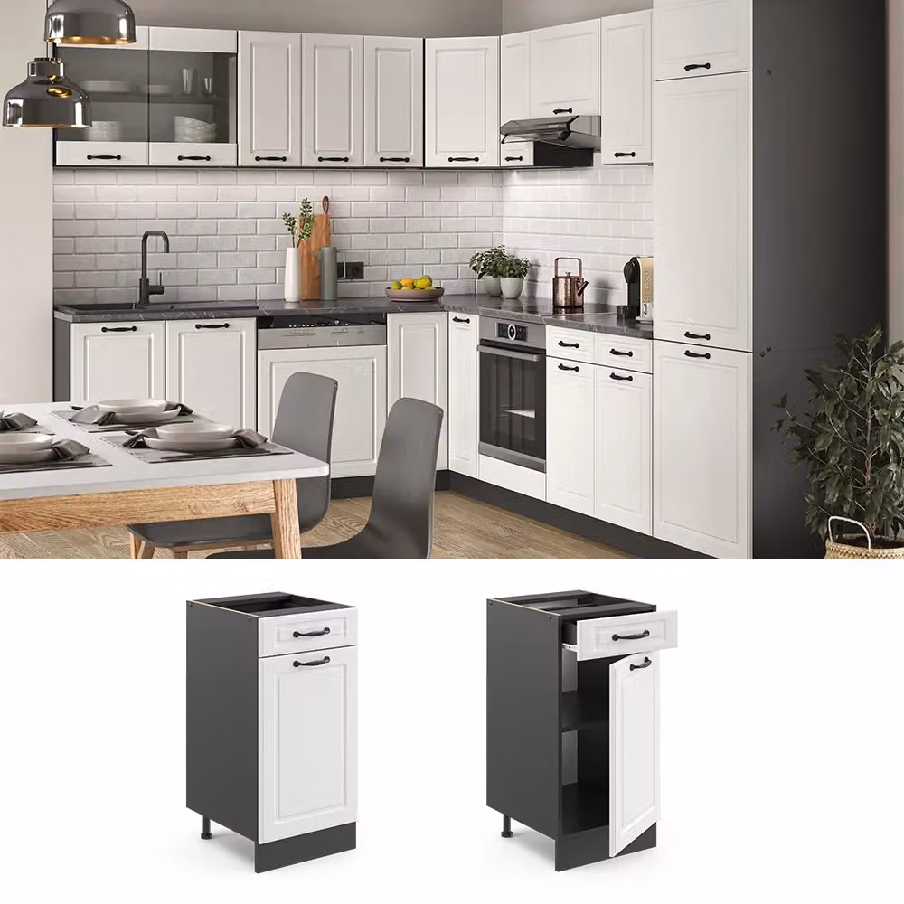 Mobiletto base per cucina Vicco R-Line Bianco rustico e Antracite con ante a battente e L/P/H: 40 x 46 x 81,6 cm – 2