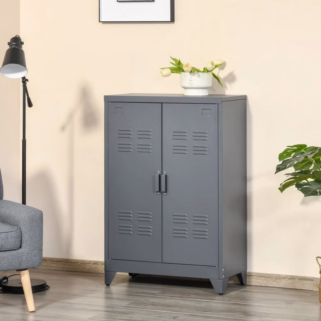 EasyComfort Mobiletto Multiuso in Metallo Stile Industriale con 2 Ante, Grigio, L: 75 cm, P: 33 cm, H: 110 cm – 2