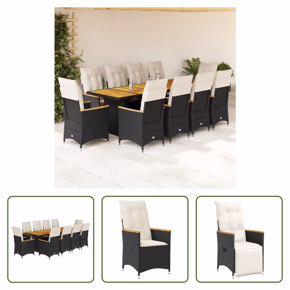 The Living Store Set bistrot da giardino da 11 pezzi con cuscini in poly rattan nero