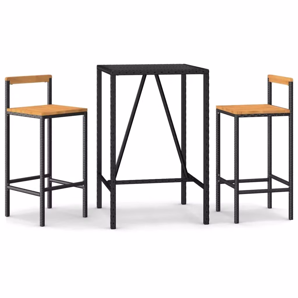 Set Bar da Giardino Moderno vidaXL in 3 Pezzi Nero con Polyrattan, Legno di Acacia e Vetro – 2