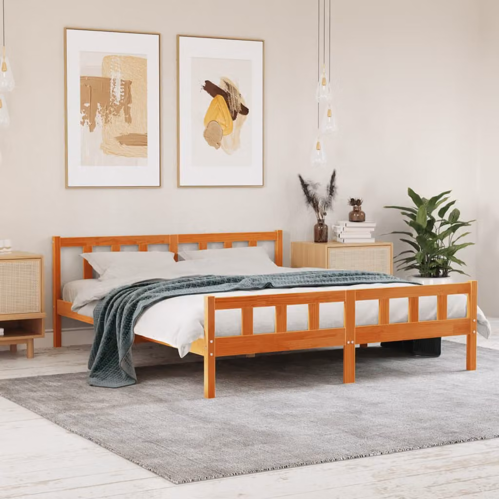 Letto in legno di pino vidaXL color marrone cera con doghe fisse, L/P/H: 160 x 200 x 165,5 cm