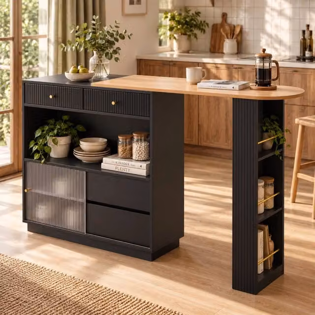 Isola cucina con bancone bar 120 x 30 x 100 cm in pannello di particelle e acrilico, nero
