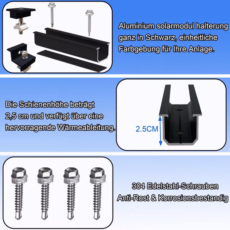 Kit di montaggio per pannelli solari, profilo in alluminio da 12 cm, supporti regolabili, per 2 moduli, adatto per tetti piani