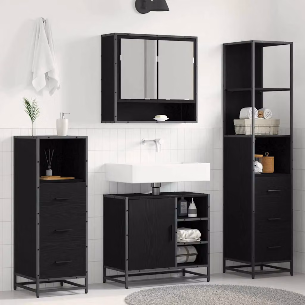 Set di mobili per il bagno moderno vidaXL in legno e metallo nero opaco, composto da armadietto con specchio, mobile lavabo, mobile laterale e colonna alta, L/P/H: 65 x 33 x 166 cm – 1