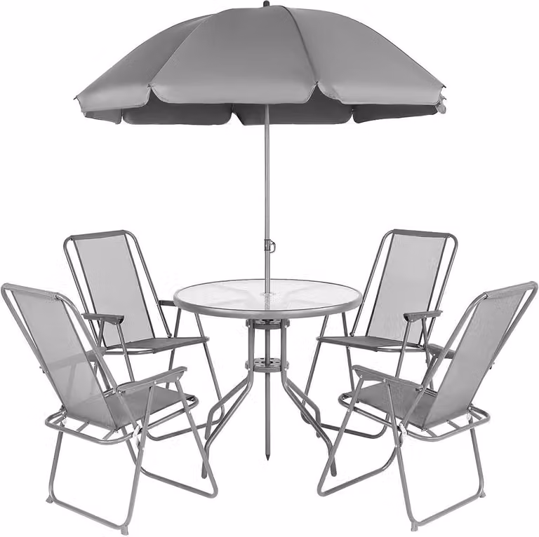 Set da giardino composto da tavolo rotondo, 4 sedie e ombrellone grigio scuro