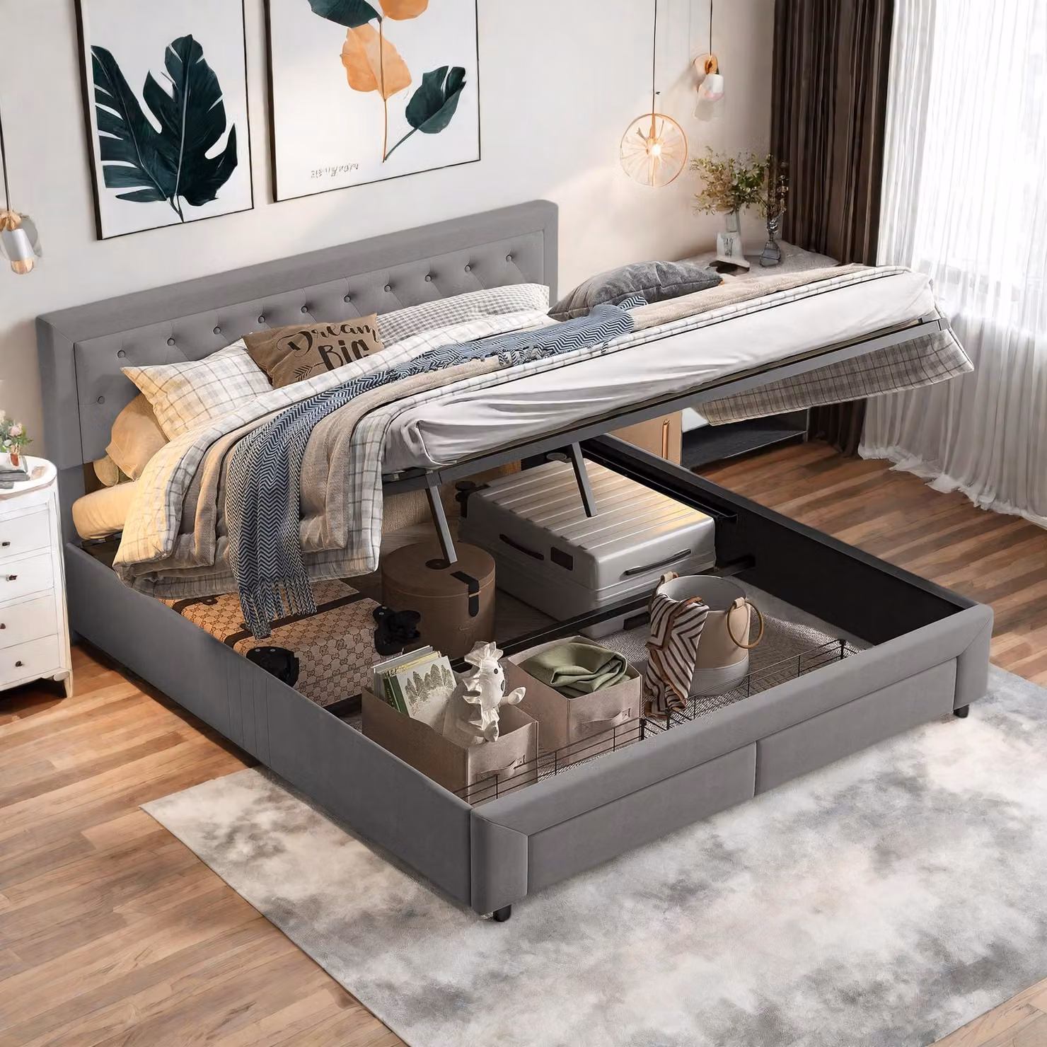 Letto imbottito Fortuna Lai 160x200 cm, letto a molle idrauliche con cassetto e rete a doghe, velluto, grigio
