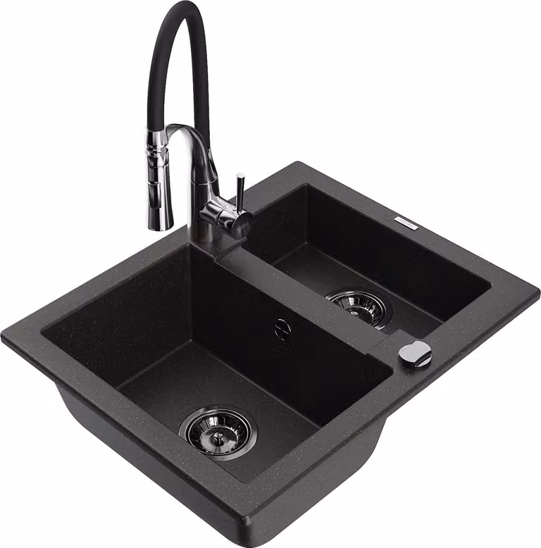 Mexen Carlos lavello in granito 1,5 vasche con rubinetto da cucina Aster, nero/oro metallizzato - 6518-75-73450-07-B
