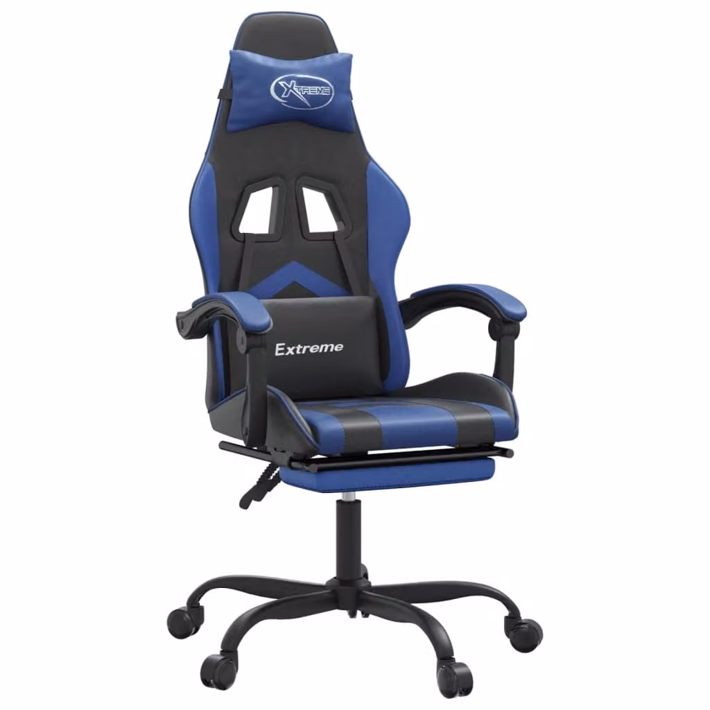 Sedia da Gaming con Poggiapiedi Nero e Blu in Pelle finta