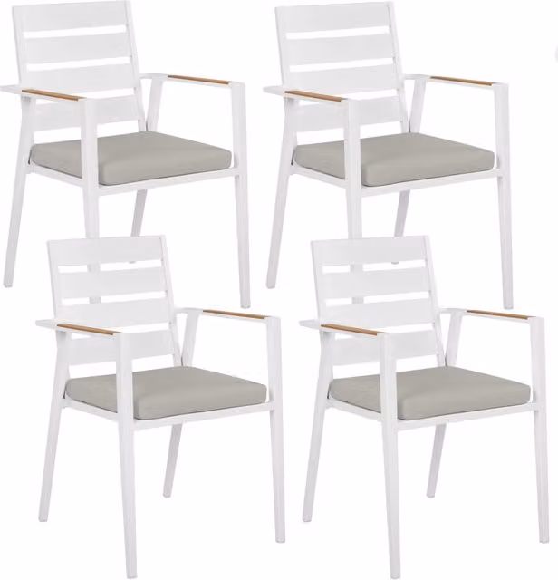 Set di 4 sedie da giardino Beliani con struttura in alluminio bianco e cuscini grigi, design moderno e impilabile