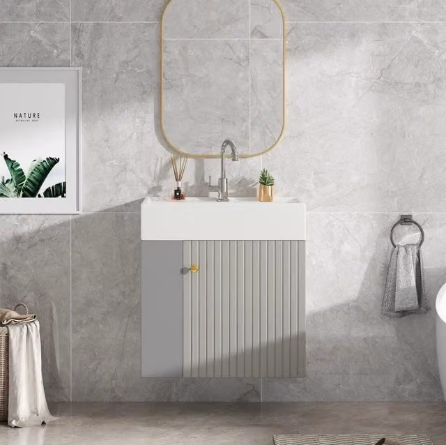 Mobile bagno sospeso in plastica grigia chiara con lavandino in ceramica lucida 55 cm per piccoli spazi