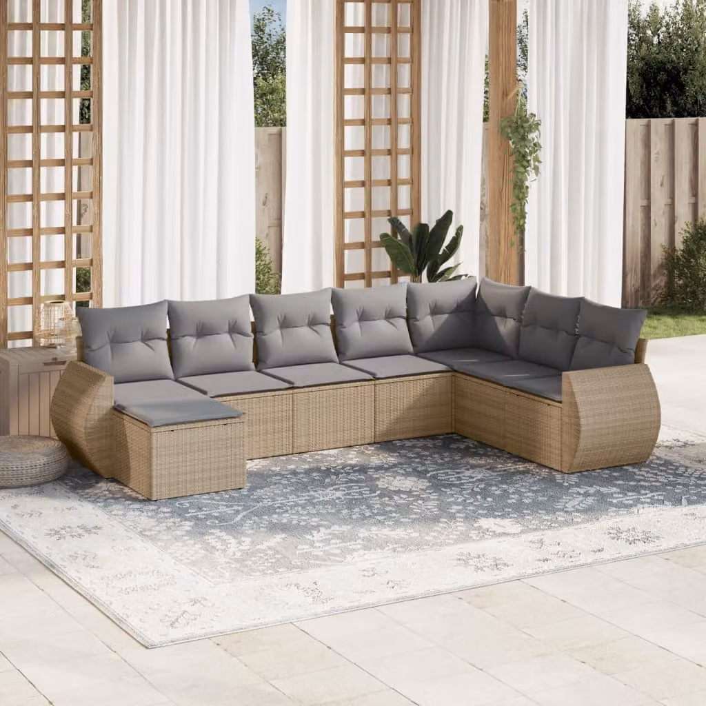 vidaXL Set Divano da Giardino a L 8 pz in Polyrattan con Cuscini Beige e Grigio e Ottoman – 1
