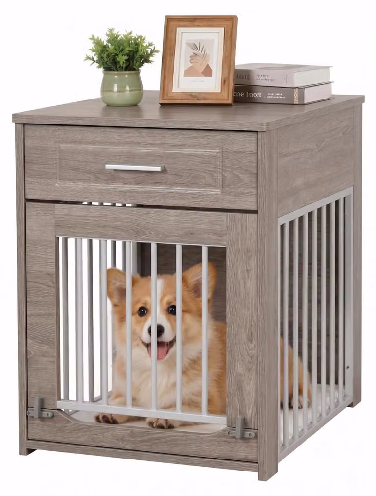 Cuccia per cani in legno con cassetto, adatta a cani di piccola taglia, color tortora