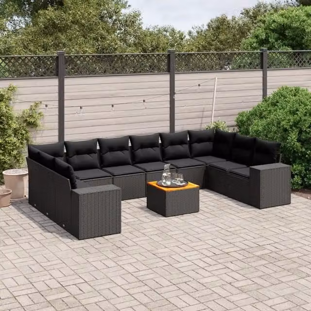 Set di divani da giardino vidaXL in polyrattan nero con cuscini e tavolino da esterno a forma di U