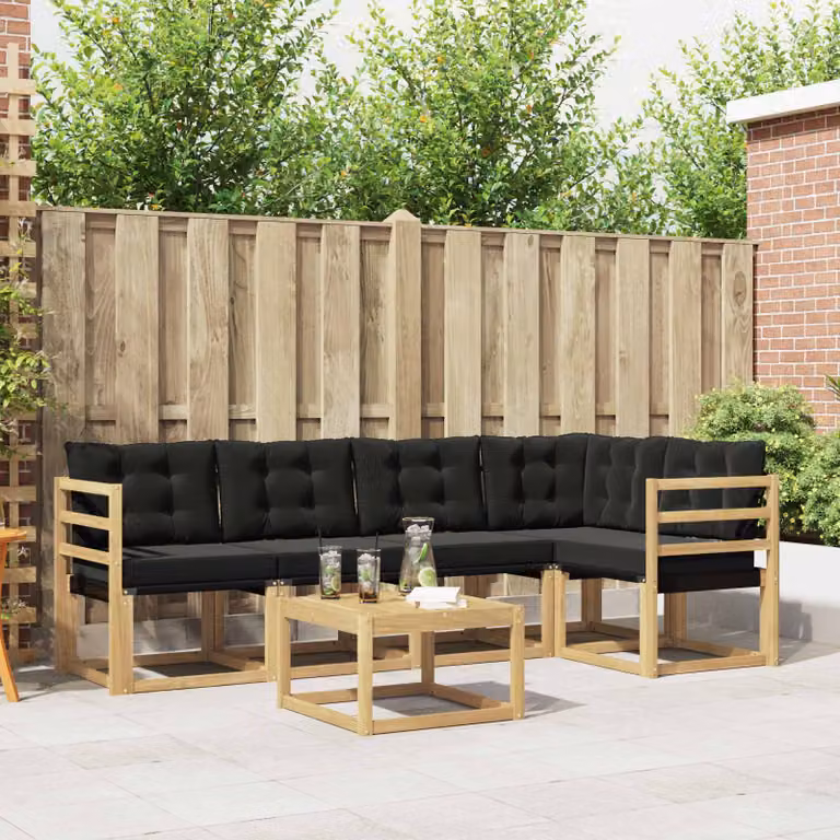Set di divani da esterno vidaXL a forma di L composto da 6 pezzi con tavolo da caffè, in legno di acacia trattato e tessuto textilene, colori bianco, nero e marrone