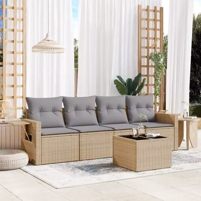 Set Divano da Giardino 5 pz con Cuscini-Sofa da Giardino-Divanetto da esterno Beige in Polyrattan 211677