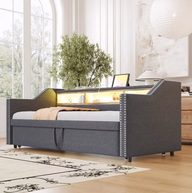 Divano letto 90x190 cm estraibile con vani; LED e USB in lino grigio scuro