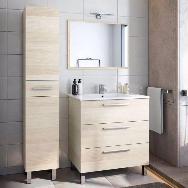 Set Mobili Bagno Moderno DMORA con Mobile Lavabo e Colonna, Colore Marrone Rovere e Beige – 1