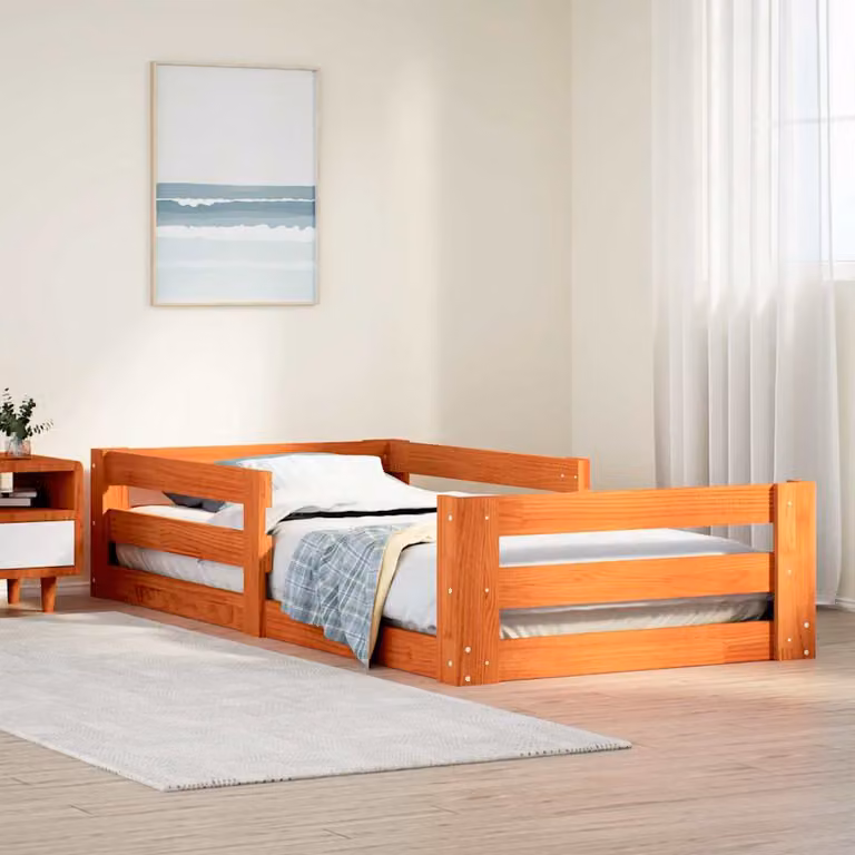 Letto in legno di pino vidaXL color marrone cera con doghe in legno, L 75 cm x P 197 cm x H 82 cm